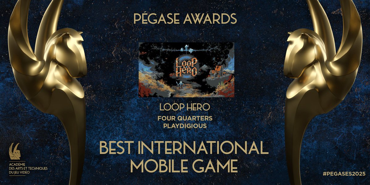 Académie des Arts et Techniques du Jeu Vidéo (@academiejv) on Twitter photo Winner of the Best International Mobile Game award at the #Pegases2025 🏆
Congratulations to the teams of Loop Hero by <a href="/_FQteam/">FourQuarters team | Loop Hero</a>, published by <a href="/Playdigious/">Playdigious</a>! Winner of the Best International Mobile Game award at the #Pegases2025 🏆
Congratulations to the teams of Loop Hero by <a href="/_FQteam/">FourQuarters team | Loop Hero</a>, published by <a href="/Playdigious/">Playdigious</a>!