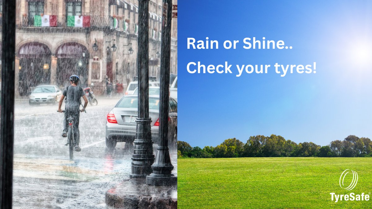 Tyresafe's tweet image. One minute it’s sunny, the next it’s pouring, typical British weather! Your tyres need to be ready for anything. Low tread means less grip in the wet, increasing your stopping distance. Stay safe, check yours today! #CheckTyres #BritishWeather
