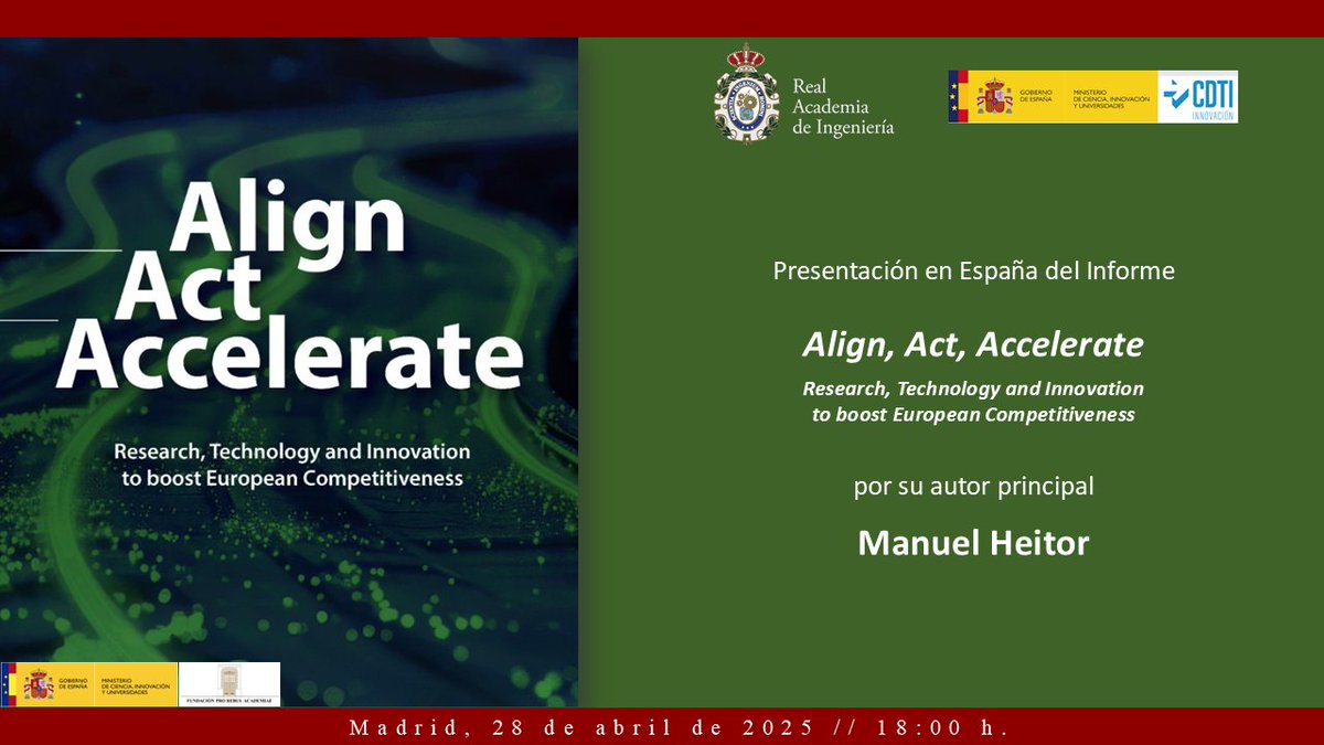HorizonteEuropa's tweet image. 📣Presentación del Informe "Align, act, accelerate" por Manuel  Heitor, presidente del Grupo de Expertos @EUScienceInnov  evaluación intermedia #HorizonteEuropa

🗓️28 de abril, 18:00 h.
📍Sede RAing, Madrid.

➕Información e inscripciones:
eventos.cdti.es/en/agenda/2025…