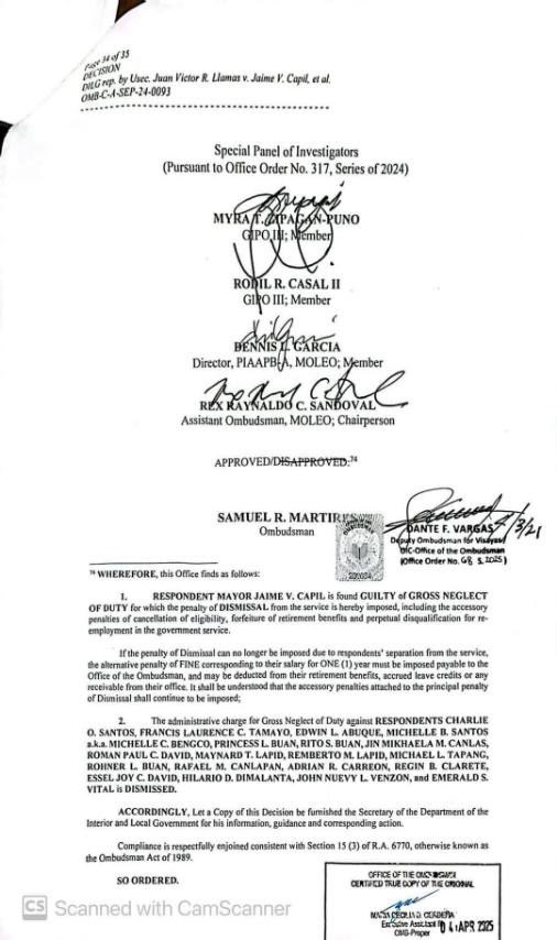 Briane Basa (Briane Dela Peña) (@ibrianedp) on Twitter photo BREAKING: Ombudsman finds suspended Porac, Pampanga Mayor Jaime Capil GUILTY of gross neglect of duty in relation to the POGO fiasco in the town. Capil is ordered dismissed from service and perpetually disqualified from public office | #BilangPilipino2025 @NEWS5PH <a href="/onenewsph/">ONE News PH</a> BREAKING: Ombudsman finds suspended Porac, Pampanga Mayor Jaime Capil GUILTY of gross neglect of duty in relation to the POGO fiasco in the town. Capil is ordered dismissed from service and perpetually disqualified from public office | #BilangPilipino2025 @NEWS5PH <a href="/onenewsph/">ONE News PH</a>