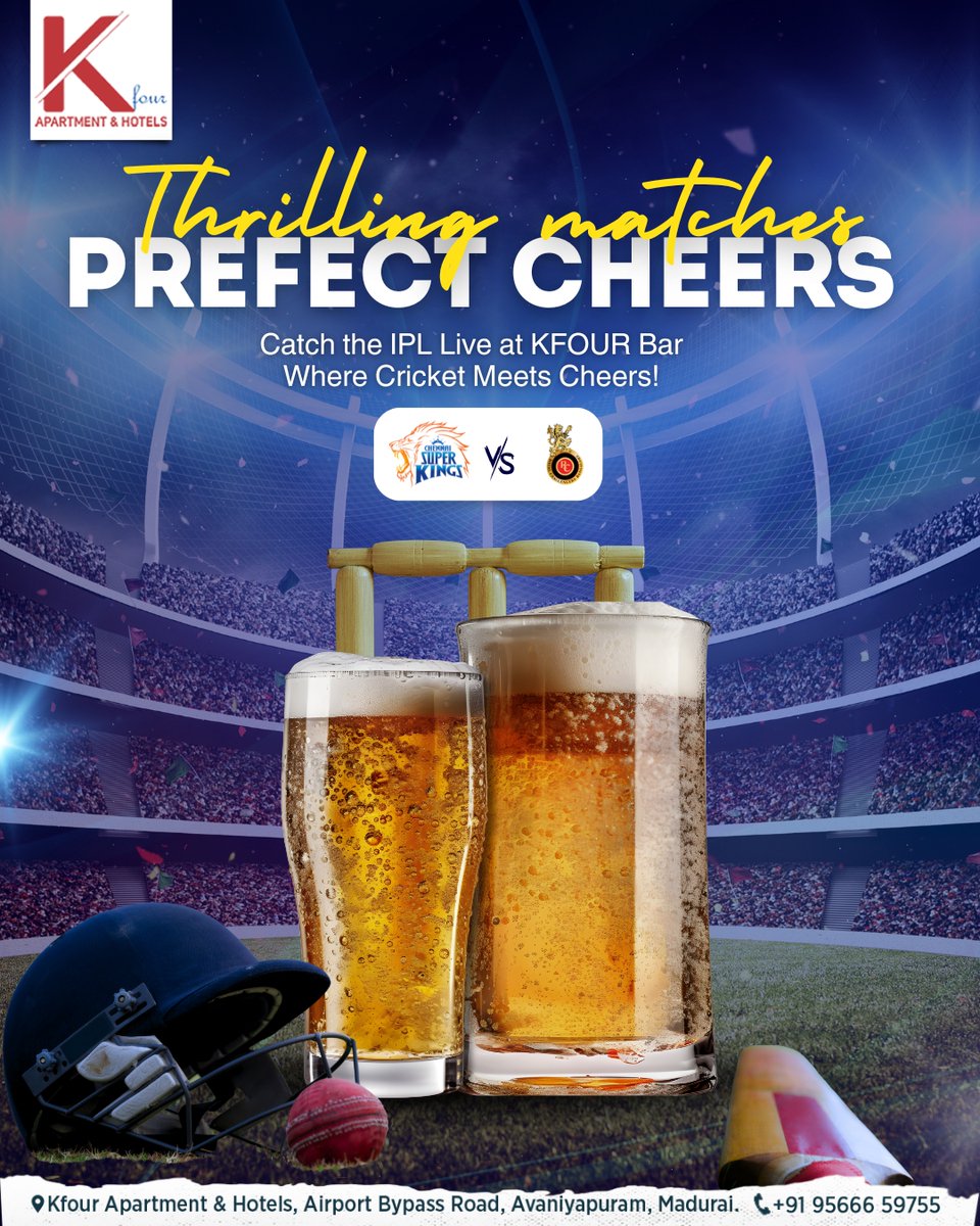 KFourHotel's tweet photo. Thrilling matches, Prefect Cheers🍻 Catch the IPL Live at KFOUR Bar—Where Cricket Meets Cheers!
Book Now👉 https://t.co/XwLDrsPJTX
.
.
.
#kfour #kfourapartment #apartment #kfourhotels #Madurai #IPL2025 #LiveCricket #KFOURBar #CricketAndCheers #GameOn #T20Fever https://t.co/A8tr2jM7Q4