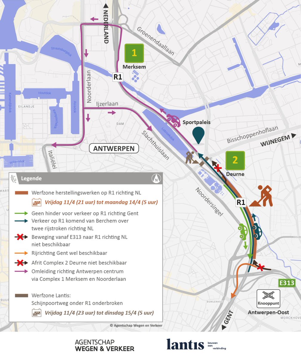 We verwachten vanaf vrijdagavond ERNSTIGE HINDER (file!) op de Antwerpse ring #R1 richting Nederland: versmalde doorgang tussen #Antwerpen-Oost en Deurne én in Merksem. Bij Antwerpen-Oost is de lus DICHT tussen de #E313 uit Hasselt en de R1 richting NL. wegenenverkeer.be/werken/betonhe…