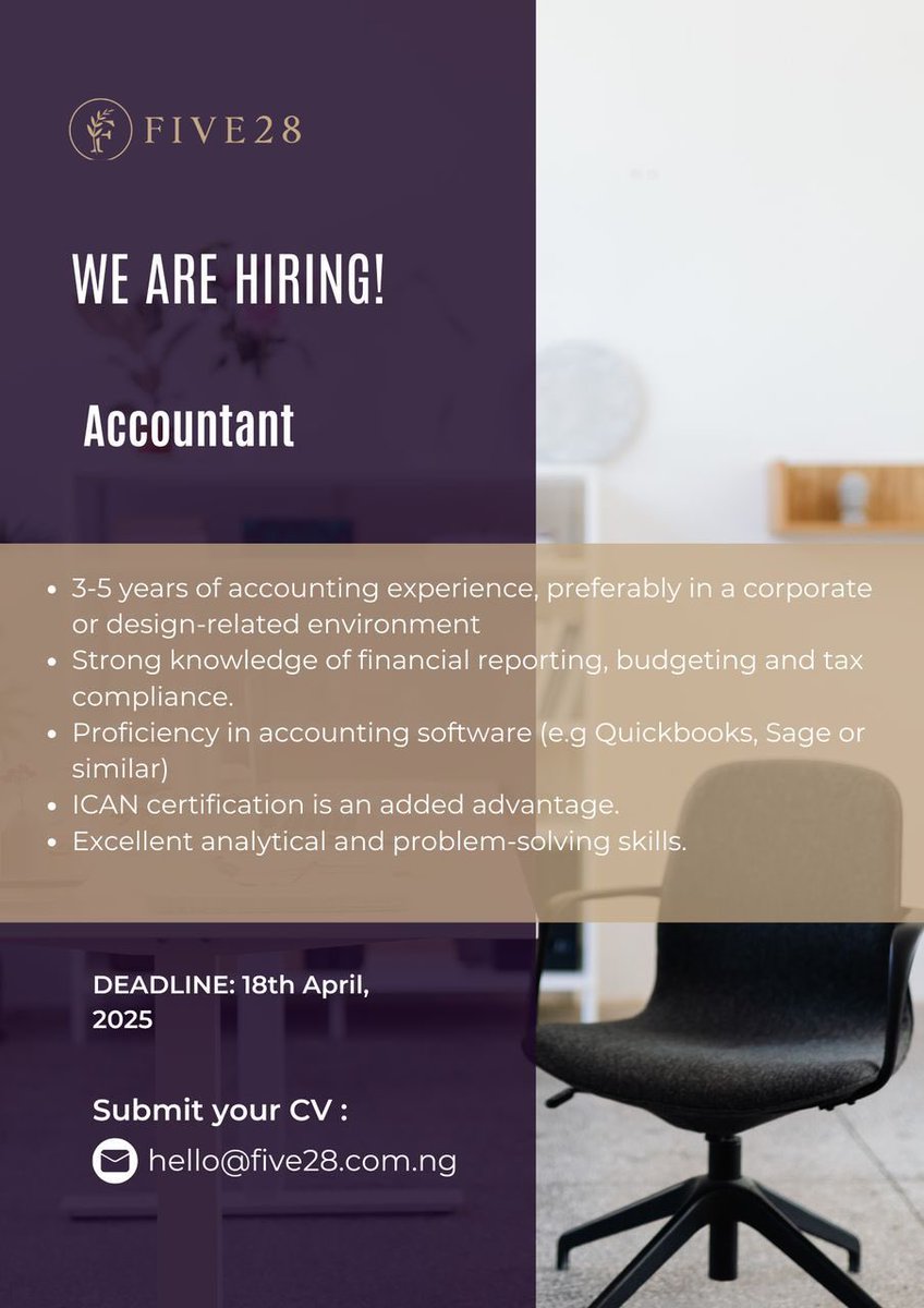 We are seeking a qualified accountant with experience and exceptional attention to detail. If you meet these criteria, we would be delighted to hear from you🙂. 

For further details, Kindly refer to the flier for more information.👆🏽
#five28global #KingsOnly