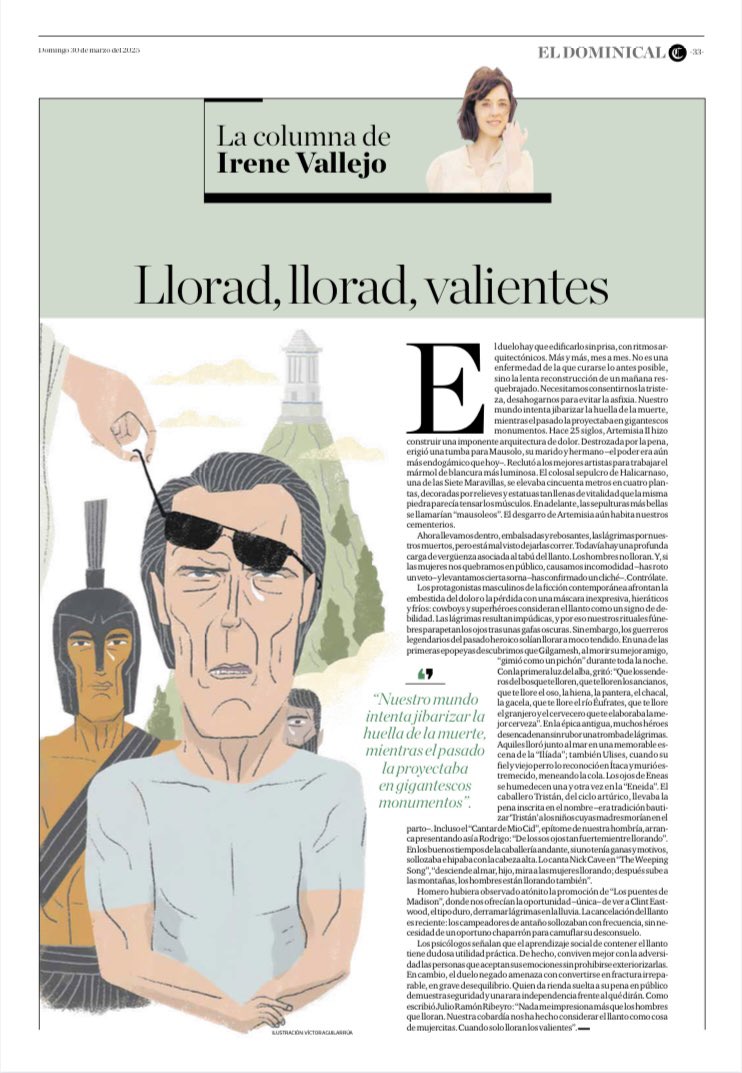 irenevalmore's tweet image. Los hombres no lloran. Y si las mujeres nos quebramos en público causamos incomodidad —has roto un veto— y levantamos cierta sorna —has confirmado un cliché—. Contrólate. Sin embargo, los guerreros legendarios del pasado heroico solían llorar a moco tendido
@elcomercio_peru #Perú