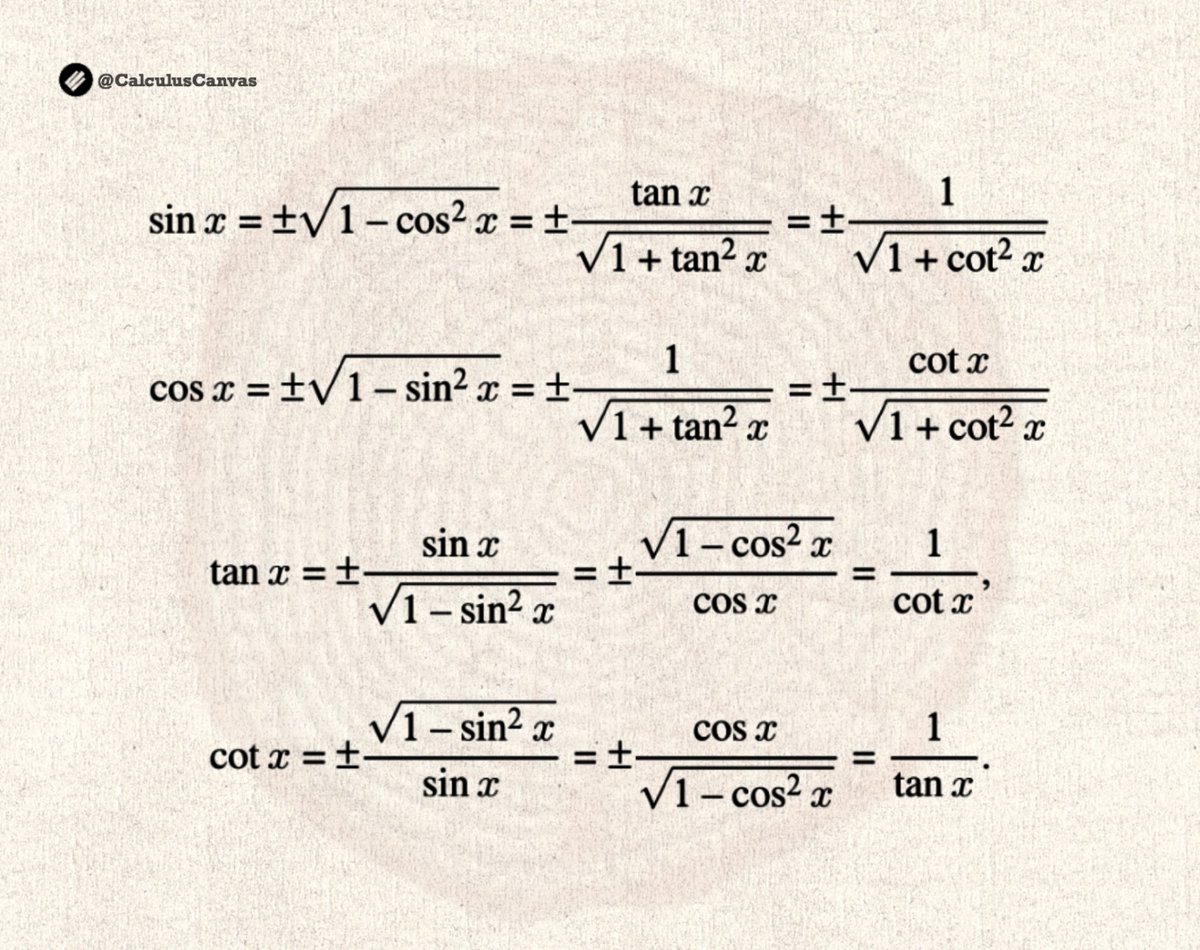 TheMathFlow's tweet image. Relations between trigonometric functions of a single argument.