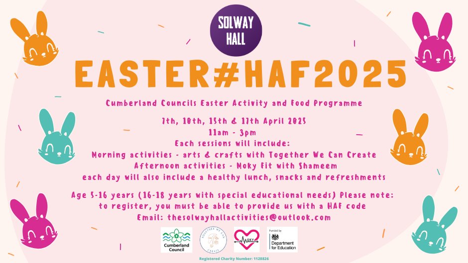 The Solway Hall (@thesolwayhall) on Twitter photo Do you have a HAF code for your child and looking for activities this Easter? We still have a handful of places for our programme on the 7th, 10th, 15th and 17th April 2025 - for more info please email: thesolwayhallactivities@outlook.com
#HAF25
<a href="/twccreateart/">Together We Can Create</a>
<a href="/mokyshameem/">Shameem.fit</a> Do you have a HAF code for your child and looking for activities this Easter? We still have a handful of places for our programme on the 7th, 10th, 15th and 17th April 2025 - for more info please email: thesolwayhallactivities@outlook.com
#HAF25
<a href="/twccreateart/">Together We Can Create</a>
<a href="/mokyshameem/">Shameem.fit</a>