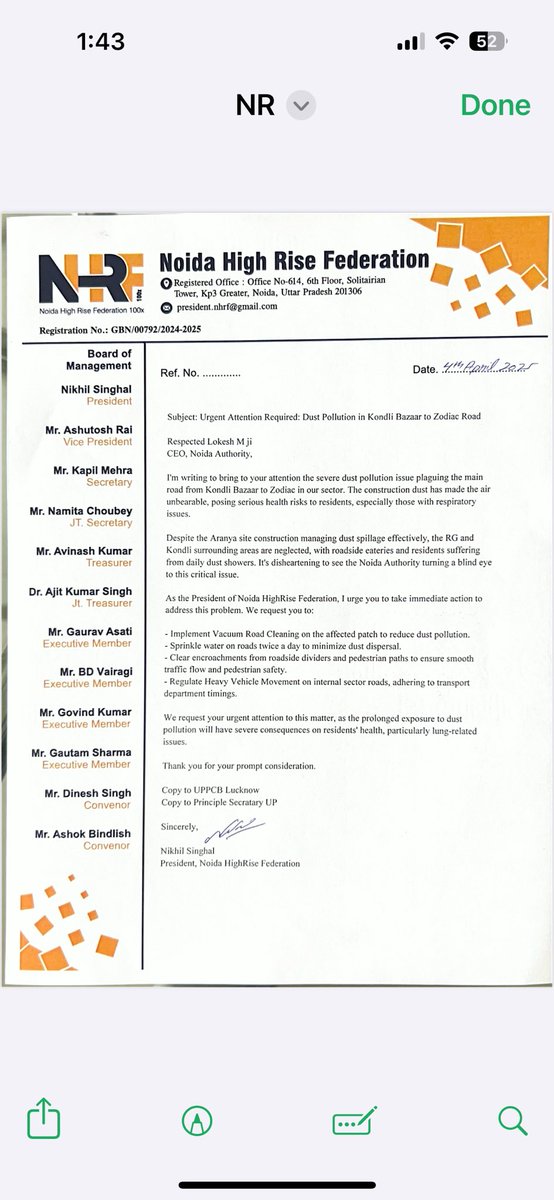 Nikhil Singhal President NHRF 100 X (@nikhil1c2) on Twitter photo @CEO_NoidaAuthority <a href="/UPPCB/">satendra pratap sing</a>, <a href="/noida_authority/">NOIDA Authority</a> <a href="/NHL/">NHL</a> urgent attention needed! Residents of sectors 119 & 120 are struggling with pollution & dust due to construction & unauthorized vending zones. Letter attached. Please take immediate action @CEO_NoidaAuthority <a href="/UPPCB/">satendra pratap sing</a>, <a href="/noida_authority/">NOIDA Authority</a> <a href="/NHL/">NHL</a> urgent attention needed! Residents of sectors 119 & 120 are struggling with pollution & dust due to construction & unauthorized vending zones. Letter attached. Please take immediate action
