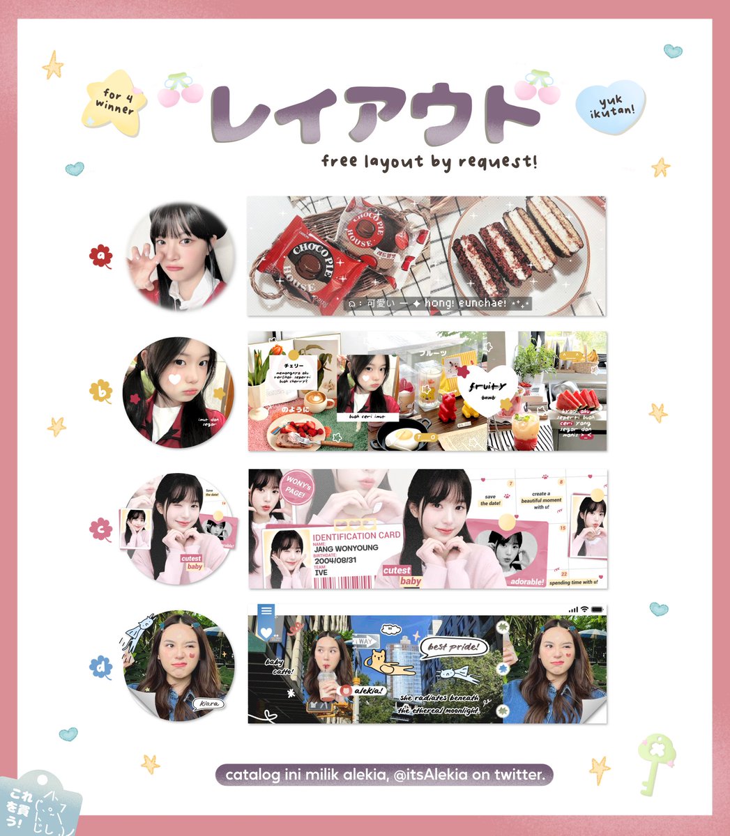 giveaway alert, 𝗵𝗲𝗹𝗽 𝗿𝘁!

celebrate 500 hari sudah berlalu dan setiap detiknya penuh kebahagiaan. Sammy &amp; Chiara ingin berbagi secercah kebahagiaan ini untukmu. 💛✨ ada 4 𝖥𝖱𝖤𝖤 LAYOUT BY REQ dari katalog di bawah ini, for rules cek ALT! 🛵💨 #zonauang