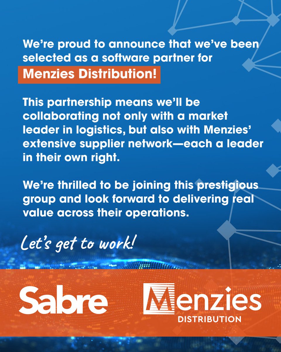 sabremssoftware's tweet image. We’re excited to be chosen as a software partner for Menzies Distribution! A fantastic opportunity to support their operations and wider supplier network. Let’s get to work!
#SabreDifference #LogisticsTech #RecruitmentSolutions #TechForGrowth #MenziesDistribution