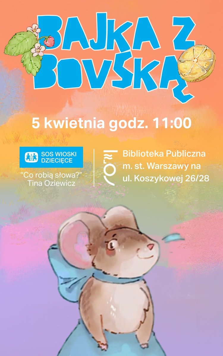 Już jutro w <a href="/biblioteka_wwa/">Biblioteka_Koszykowa</a> Bovska – piosenkarka, nowa ambasadorka SOS – przeczyta bajkę Tiny Oziewicz „Co robią słowa”, napisaną specjalnie dla SOS Wiosek Dziecięcych. Na miejscu, poza czytaniem, na dzieci czekać będą wyjątkowe atrakcje i warsztaty. Link➡️tiny.pl/1h5tzm64