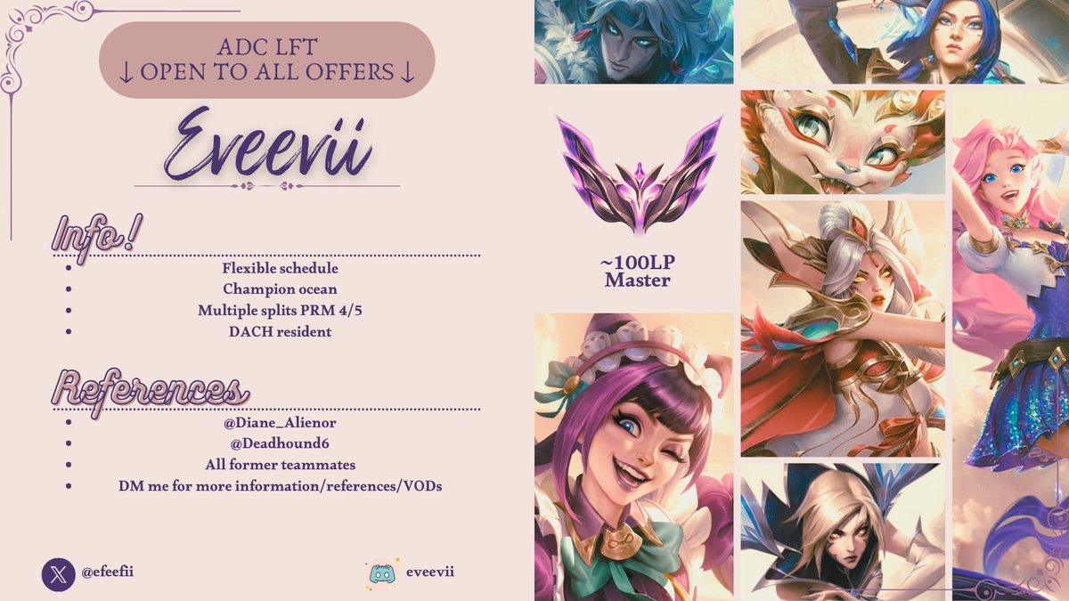 Eveevii (@efeefii) on Twitter photo Still LFO with <a href="/FemFatales_LoL/">Femmes Fatales | WNB Team LFO</a>
Open to individual offers tho — mixed scene included!
Links below o/
(Like + RT appreciated <3) Still LFO with <a href="/FemFatales_LoL/">Femmes Fatales | WNB Team LFO</a>
Open to individual offers tho — mixed scene included!
Links below o/
(Like + RT appreciated <3)