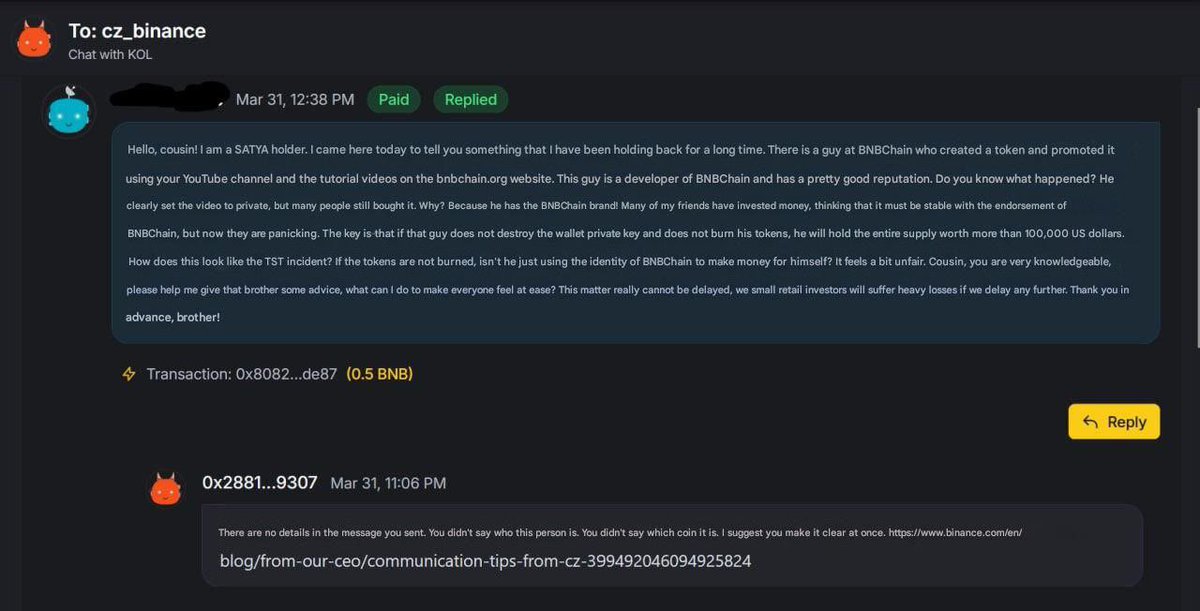 Satya update - dev burned his 99.99% holdings after CZ noticed a reachme message

bscscan.com/tx/0x255eca1cc…

$satya
0x42334aC9eDC70AE5a39d064F202e44A2F7Ea2B05

dexscreener.com/bsc/0xf578c5ac…

Chad <a href="/satyajitdas90/">Satyajit Das</a> 
<a href="/bnbsatya/">satya</a>