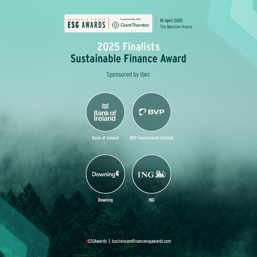 Business & Finance (@bandf) on Twitter photo Proud to announce the finalists for the ESG Finance Award! This category, sponsored by <a href="/ibec/">Ivo Beckers</a> celebrates financial institutions demonstrating innovative, sustainable practices in finance.
Congratulations to our finalists:
<a href="/bankofireland/">Bank of Ireland</a>
BVP Investments Limited
<a href="/downingllp/">Downing</a>
ING Proud to announce the finalists for the ESG Finance Award! This category, sponsored by <a href="/ibec/">Ivo Beckers</a> celebrates financial institutions demonstrating innovative, sustainable practices in finance.
Congratulations to our finalists:
<a href="/bankofireland/">Bank of Ireland</a>
BVP Investments Limited
<a href="/downingllp/">Downing</a>
ING