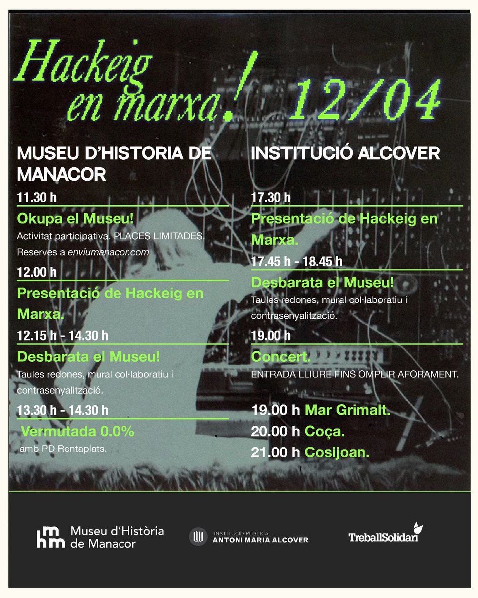 VENS A DESBARATAR ELS MUSEUS?
Fa uns mesos, un grup de joves hackeja els museus per sentir-los com espais propis i cercam joves que els ajudin. Han organitzat taules redones, concerts, teatre, pòdcast, dansa i molt més
Tot comença el 12 d’abril a Manacor. Més info als cartells!