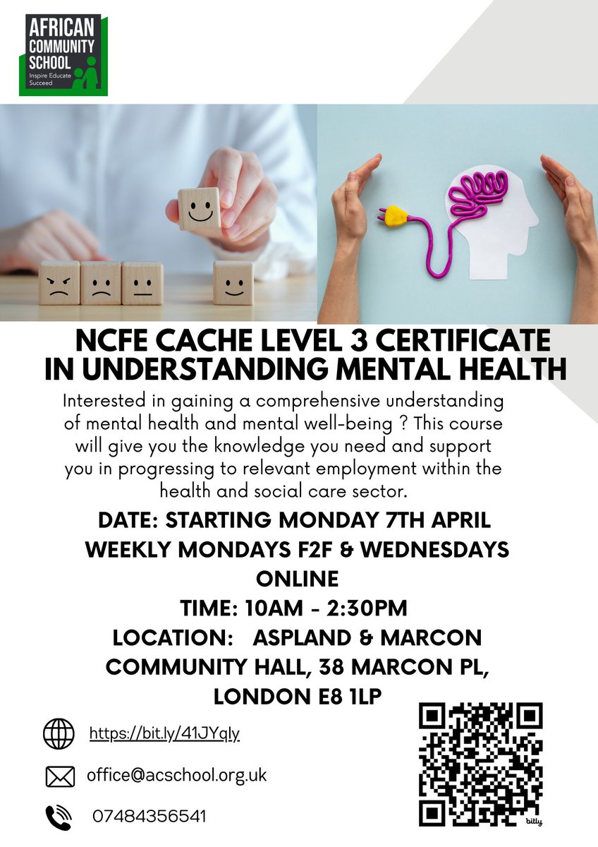 🗣️We're running our NCFE Level 3 Certificate in Understanding Mental Health course again! 🧠

Required:

Up to L1-2 English Functional Skills &amp; be a Hackney resident 

Course starts on Monday April 7th📣

🔗 Register now: 

bit.ly/41JYqIy?r=qr