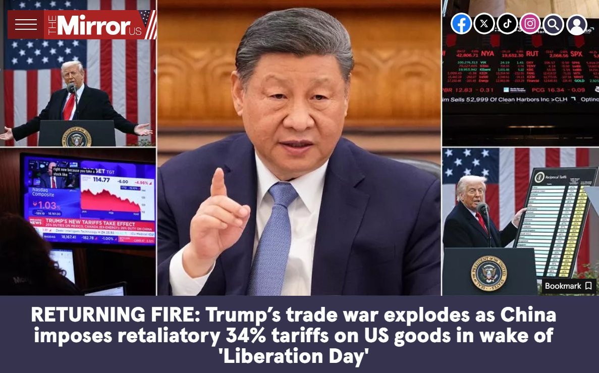 dpwhitbread's tweet image. Donald Trump’s trade war has exploded after China imposed 34% retaliatory tariffs on all ‘imported goods originating from the U.S'.

The new tax comes after the American president hit the South East Asian country with the same sky-high levy.

READ MORE: themirror.com/news/us-news/c…
