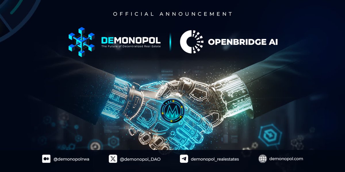 Demonopol, Web3 Real Estate. RWA - DeFi - AI - DAO (@demonopol_dao) on Twitter photo DeMonopol x <a href="/OpenBridgeAI/">Open Bridge</a>: AI-Powered Oracles for Tokenized Real Estate
Weβre excited to partner with OpenBridgeAI, the first cross-chain decentralized oracle (DON) delivering real-time, AI-validated data for blockchain applications.
This collaboration enhances DeMonopolβs real DeMonopol x <a href="/OpenBridgeAI/">Open Bridge</a>: AI-Powered Oracles for Tokenized Real Estate
Weβre excited to partner with OpenBridgeAI, the first cross-chain decentralized oracle (DON) delivering real-time, AI-validated data for blockchain applications.
This collaboration enhances DeMonopolβs real