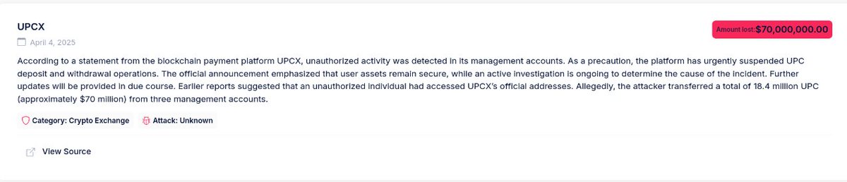 🚨 Security Breach at UPCX!
An unauthorized access led to the transfer of 18.4 million UPC (~$70M) from 3 management wallets.
As a precaution, the platform has suspended all deposits and withdrawals.
User funds remain unaffected.
#CyberSecurity #Blockchain #UPCX #ThreatIntel