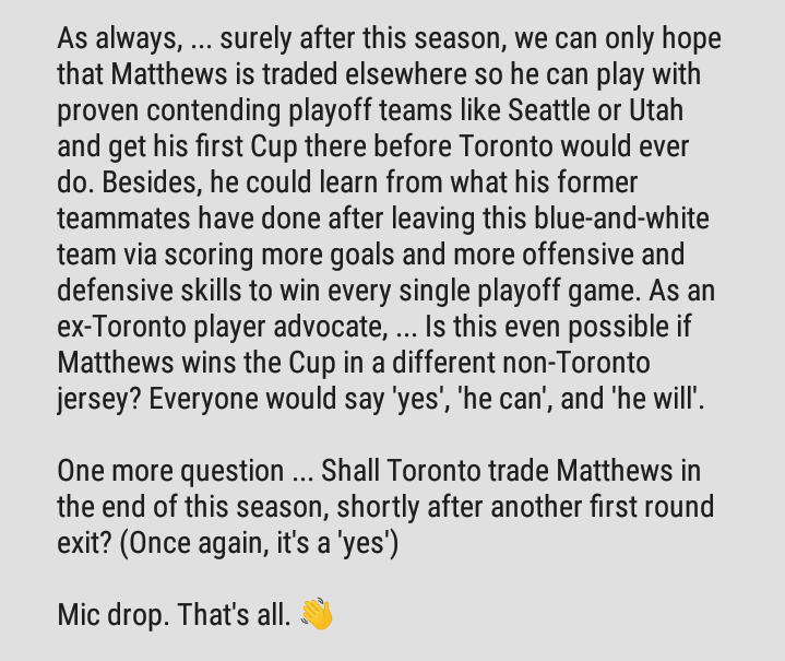 StephannieDani3's tweet photo. Is #Matthews the worst #LEAFSFOREVER captain of all time? 🤔
Here's #mycolumn 😁🙏
✨ #NHL25 #MyNotes #HEDESERVESBETTER #ALLCAPS #LETSGOOILERS #GOHABSGO #GOSENSGO #SMASHVILLE #STLBLUES #CBJ #THEFUTUREISTEAL #ISLES #Feelsobad #Sosad #EIDMUBARAK #Neverchange #Cheaters #Losers ✨ https://t.co/PlaYUmrfSm