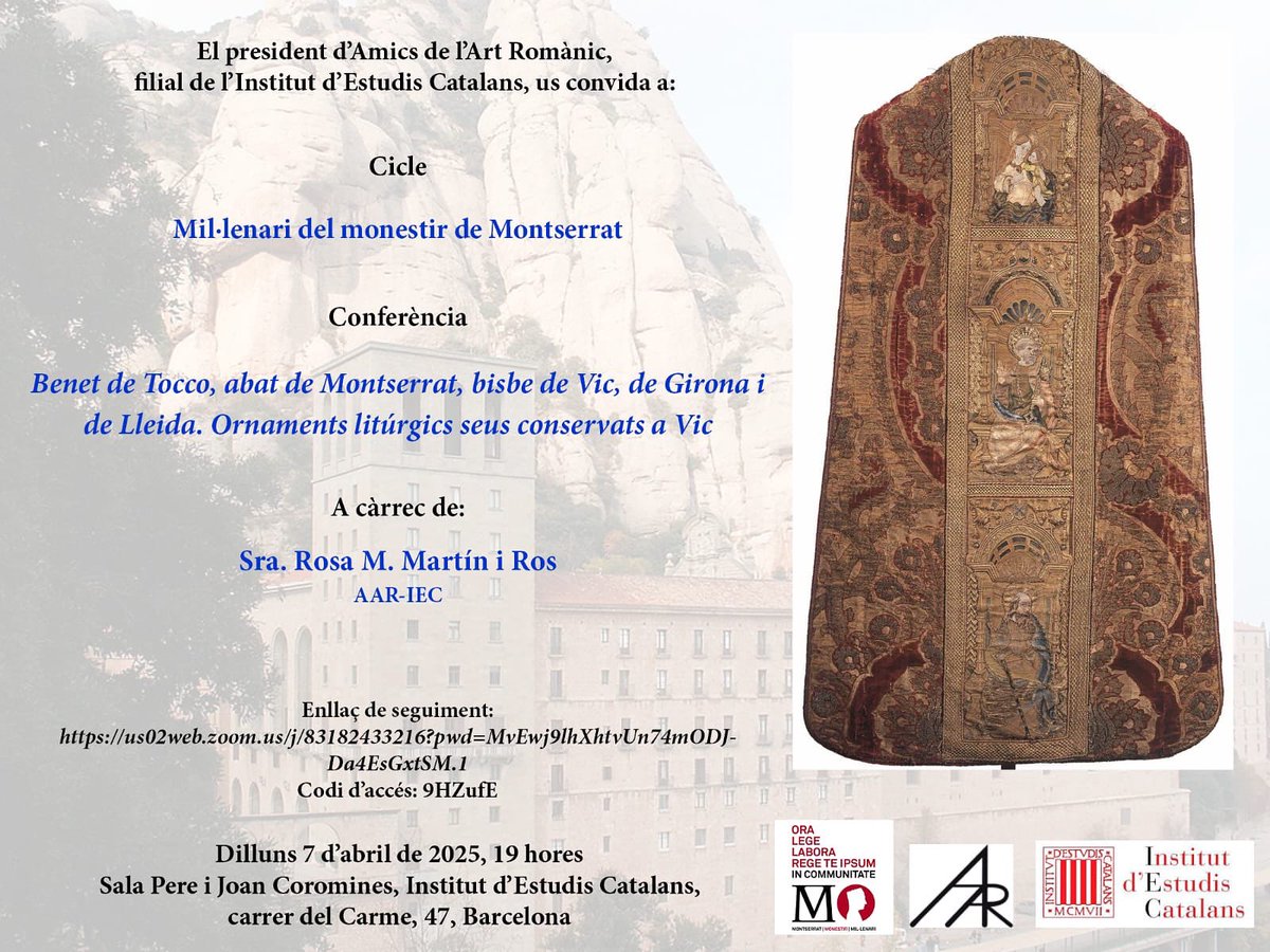 El proper dilluns i en el marc del cicle dedicat al Mil.lenari de Montserrat comptarem amb la presència i contribució de Rosa M. Martín i Ros, experta en teixits i indumentària que ens parlarà sobre els ornaments de Benet de Tocco. Us hi esperem!!