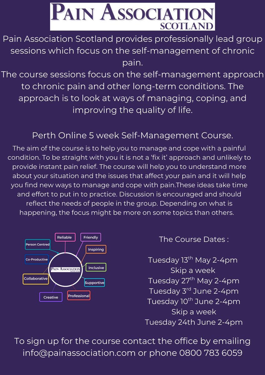 Pain Association (@painassocscot) on Twitter photo Our #Perth Self-Management Course returns online in May.
More Details ⬇️ Sign up 🎟️ bit.ly/3XMfADf
<a href="/NHSTayside/">NHS Tayside</a> <a href="/PerthSconeMed/">Perth & Scone Medical Group</a> <a href="/YourCommunityPK/">Your Community PK</a> <a href="/CPKLibraries/">Culture Perth & Kinross Libraries</a> <a href="/PerthandKinross/">Perth and Kinross Council</a> <a href="/PKAVScharity/">PKAVS</a> <a href="/ScotCLWnetwork/">Scottish Community Link Worker Network</a> <a href="/Kings_Perth/">Kings Practice Perth</a> <a href="/ThirdSectorPK/">Third Sector PK</a> <a href="/AdviceCentre_NW/">Ninewells Advice Centre</a> <a href="/CHEX_Org/">CHEX</a> Our #Perth Self-Management Course returns online in May.
More Details ⬇️ Sign up 🎟️ bit.ly/3XMfADf
<a href="/NHSTayside/">NHS Tayside</a> <a href="/PerthSconeMed/">Perth & Scone Medical Group</a> <a href="/YourCommunityPK/">Your Community PK</a> <a href="/CPKLibraries/">Culture Perth & Kinross Libraries</a> <a href="/PerthandKinross/">Perth and Kinross Council</a> <a href="/PKAVScharity/">PKAVS</a> <a href="/ScotCLWnetwork/">Scottish Community Link Worker Network</a> <a href="/Kings_Perth/">Kings Practice Perth</a> <a href="/ThirdSectorPK/">Third Sector PK</a> <a href="/AdviceCentre_NW/">Ninewells Advice Centre</a> <a href="/CHEX_Org/">CHEX</a>