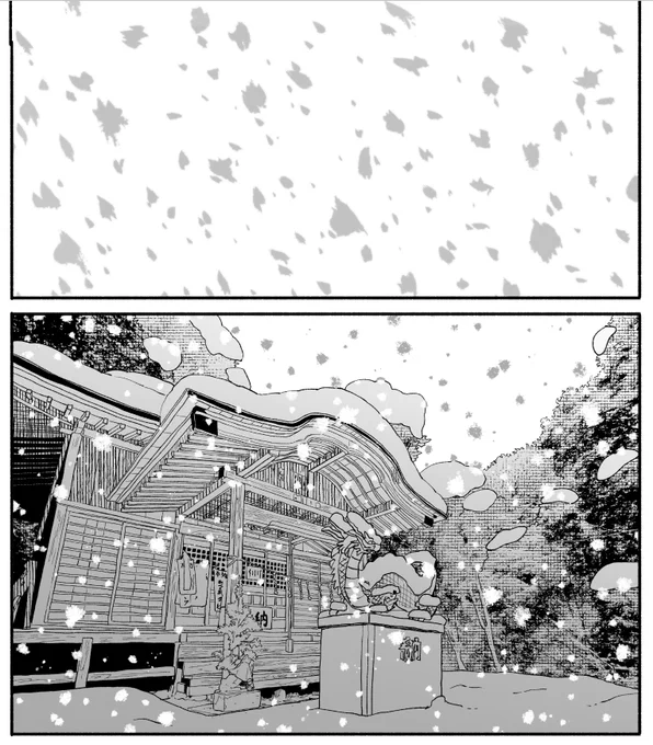 まだアシスタントやってた頃勤め先の先生がこの表現されてました。白い雪が空を見上げた時は灰色に見えるっていう小学生の時から思ってた他愛無い風景を見事に絵に落としこまれてることに作業中にも関わらずしばらく手を止め見入った記憶があります。以後自分の表現でも使わせてもらってます 