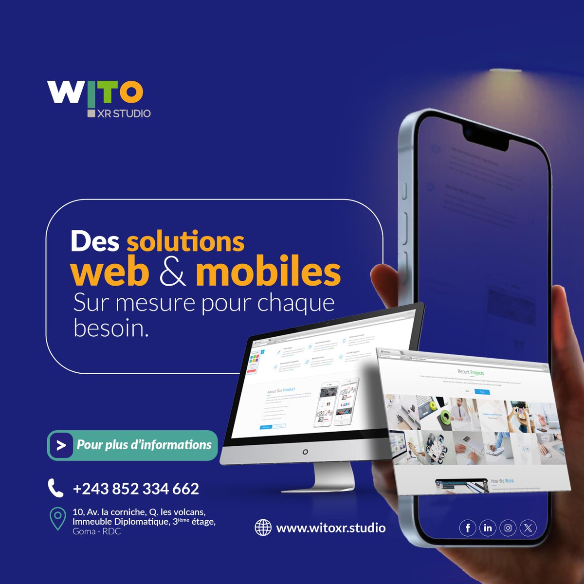 WitoXrstudio's tweet image. Besoin d&apos;un site web ou d&apos;une application mobile unique ?
Nous développons des solutions sur mesure pour votre entreprise.
Découvrez nos services et demandez une consultation gratuite !
witoxr.studio
#DéveloppementMobile #Digital #developementweb #RDC #Goma