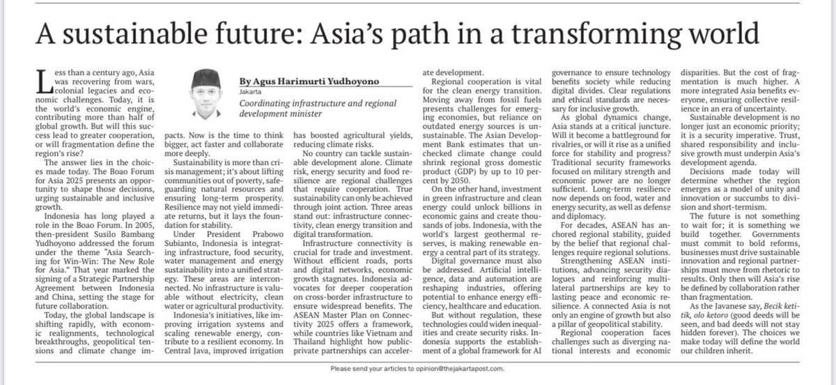 DemokratKalbar's tweet photo. Pandangan terbaru Menko Infrastruktur dan Pembangunan Kewilayahan yang juga Ketua Umum Partai Demokrat, Pak AHY, 
mengenai peran Asia di Dunia yang terus Bertransformasi di The Jakarta Post. https://t.co/Anfv1Lpr9I