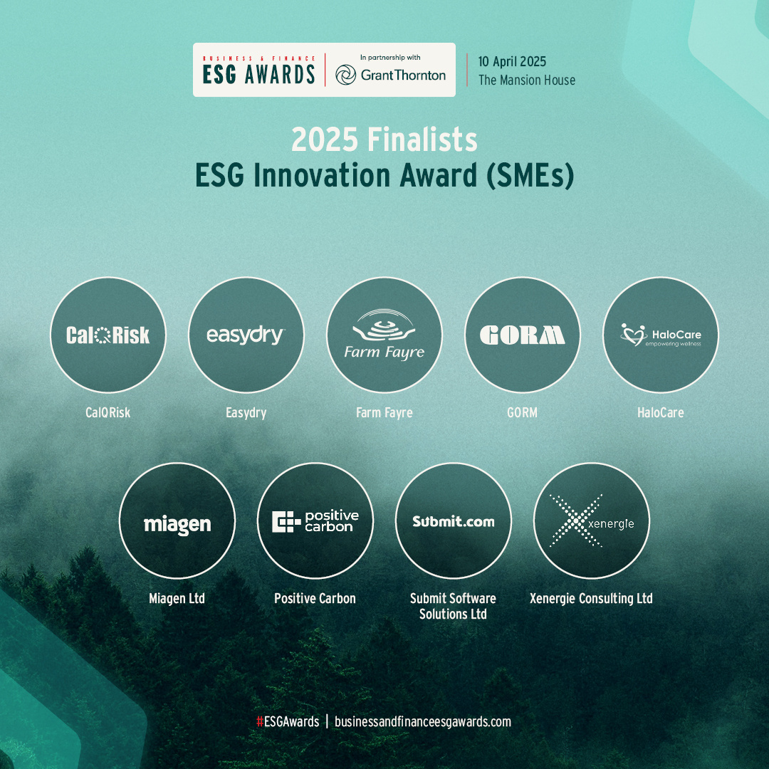 Business & Finance (@bandf) on Twitter photo Introducing the finalists for the ESG Innovation Award (SME's)! This award celebrates groundbreaking initiatives and creative solutions that push the boundaries of ESG.
Congratulations to our finalists: 
<a href="/CalQRisk/">CalQRisk</a> 
Easydry
<a href="/FarmFayre/">Farm Fayre</a> 
GORM
<a href="/halo_care/">HaloCare</a> 
<a href="/miagen/">Miagen</a>  Ltd
Positive Introducing the finalists for the ESG Innovation Award (SME's)! This award celebrates groundbreaking initiatives and creative solutions that push the boundaries of ESG.
Congratulations to our finalists: 
<a href="/CalQRisk/">CalQRisk</a> 
Easydry
<a href="/FarmFayre/">Farm Fayre</a> 
GORM
<a href="/halo_care/">HaloCare</a> 
<a href="/miagen/">Miagen</a>  Ltd
Positive
