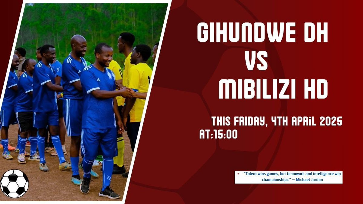 Gihundwe District Hospital (@gihundweh) on Twitter photo Mu rwego rwo kwita ku buzima bw'abakozi b'ibitaro bya <a href="/GihundweH/">Gihundwe District Hospital</a> na <a href="/MibiliziH/">MIBILIZI Hospital</a>, uyu munsi hateganijwe imimikino itandukanye izaguhuza abakozi b’ibitaro byombi. Mu mikino iheruka by’umwihariko umupira w'amaguru warangiye Gihundwe DH itsinze 2-1.
<a href="/RusiziDistrict/">Rusizi District</a> Mu rwego rwo kwita ku buzima bw'abakozi b'ibitaro bya <a href="/GihundweH/">Gihundwe District Hospital</a> na <a href="/MibiliziH/">MIBILIZI Hospital</a>, uyu munsi hateganijwe imimikino itandukanye izaguhuza abakozi b’ibitaro byombi. Mu mikino iheruka by’umwihariko umupira w'amaguru warangiye Gihundwe DH itsinze 2-1.
<a href="/RusiziDistrict/">Rusizi District</a>