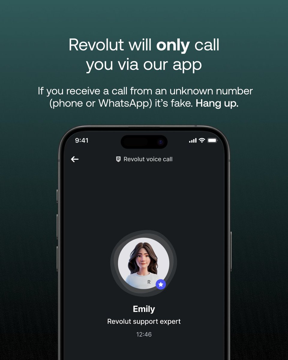 Revolut's tweet photo. Since January 2025, we’ve introduced In-App Calls, a secure way to speak with Revolut Customer Support directly through the app. It’s app-native, meaning fraudsters can’t fake it.

Therefore, if it’s not in-app, it’s a trap. ☎️ https://t.co/Vi7HhKjTZM