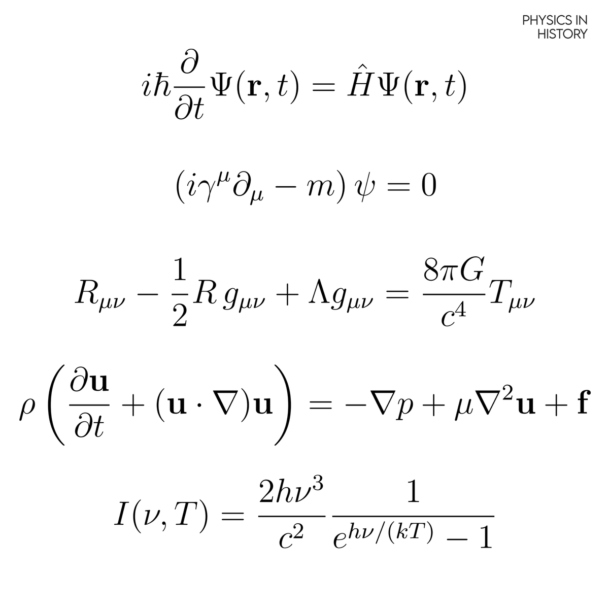 1. Schrödinger Equation  
2. Dirac Equation  
3. Einstein Field Equations  
4. Navier--Stokes Equations  
5. Planck's Law of Blackbody Radiation