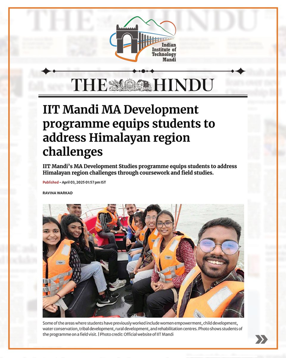 iit__mandi's tweet image. 🌄Shape the future of the Himalayas!
IIT Mandi’s MA in Development Studies empowers students through rigorous coursework &amp;amp; immersive fieldwork.
🌟Proud to see @the_hindu feature this unique programme.
🔗Read more: thehindu.com/education/iit-…
#IITMandi #DevelopmentStudies #Himalayas
