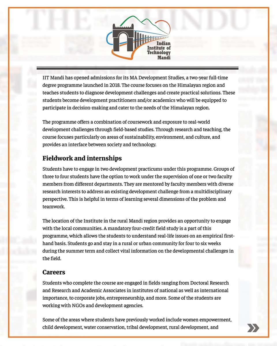 iit__mandi's tweet image. 🌄Shape the future of the Himalayas!
IIT Mandi’s MA in Development Studies empowers students through rigorous coursework &amp;amp; immersive fieldwork.
🌟Proud to see @the_hindu feature this unique programme.
🔗Read more: thehindu.com/education/iit-…
#IITMandi #DevelopmentStudies #Himalayas