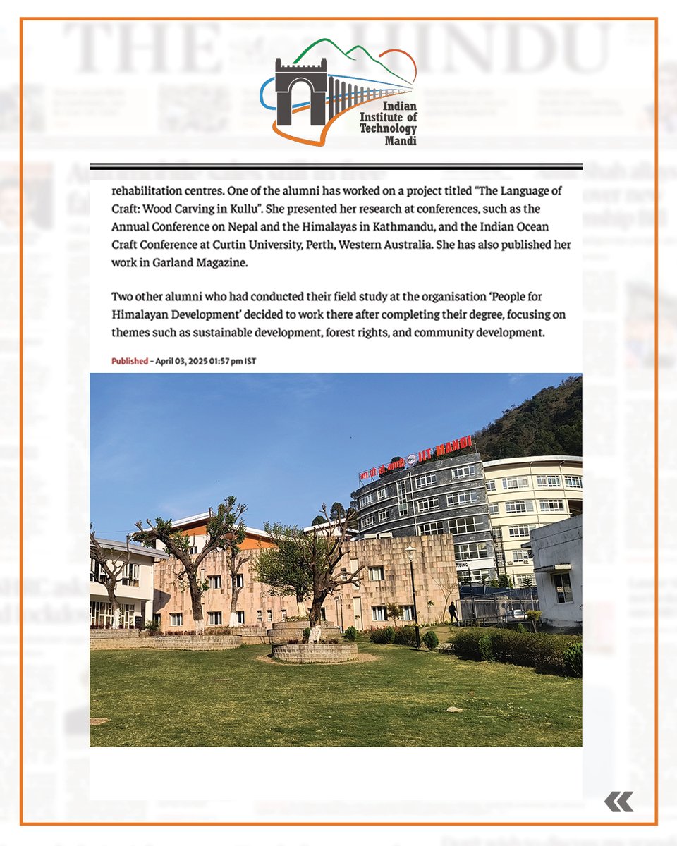 iit__mandi's tweet image. 🌄Shape the future of the Himalayas!
IIT Mandi’s MA in Development Studies empowers students through rigorous coursework &amp;amp; immersive fieldwork.
🌟Proud to see @the_hindu feature this unique programme.
🔗Read more: thehindu.com/education/iit-…
#IITMandi #DevelopmentStudies #Himalayas