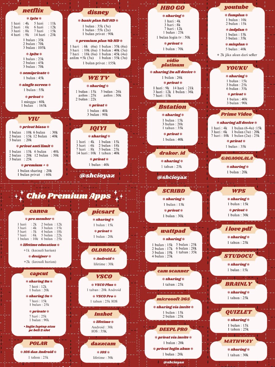 • bb 1 

WTS WTB JUAL BELI APLIKASI PREMIUM NETFLIX DISNEY IQIYI WETV VIU YOUKU AMAZON PRIME VIDIO BSTATION YOUTUBE HBO GO MAX CANVA VSCO CAPCUT PICSART LIGHTROOM SCRIBD MS 365 I LOVE PDF CAMSCANNER

☎️ wa :  wa.me/6287785217593
🗒️ testi : s.id/shcioyaz

#zonauang