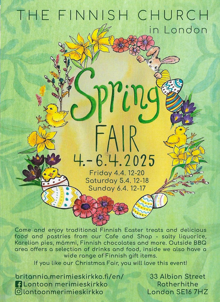IRotherhithe's tweet image. Today! 4 April 1st day of Finnish Church #SpringFair
12-8pm
33 Albion St #SE16 7HZ
Saturday 5April 12-6pm
Sunday 6April 12-5pm
Come &amp;amp; enjoy traditional #Finnish #Easter treats &amp;amp; delicious food &amp;amp; pastries
Outside BBQ area with drinks &amp;amp; food
+ Finnish gift items