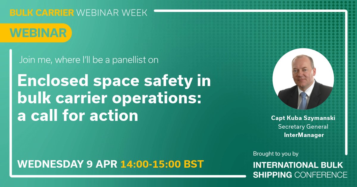Our Secretary General, Capt Kuba Szymanski, is taking part in a discussion on enclosed space safety during International Bulk Webinar Week. Join him on 9 April at 14.00 (BST).
#shipping #seafarers #safetyatsea #enclosedspaces #BulkCarrierWW
