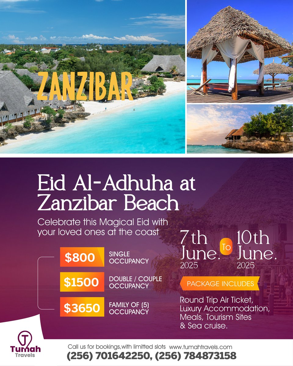 TumahTravels's tweet photo. Eid Al-Adha in Zanzibar with Tumah Travels! 
Celebrate Eid Al-Adha in paradise from June 7th-10th, 2025! 🏝️ Enjoy stunning beaches, rich culture &amp; vibrant festivities with luxury stays, guided tours &amp; stress-free travel. https://t.co/t2g8c4fLte