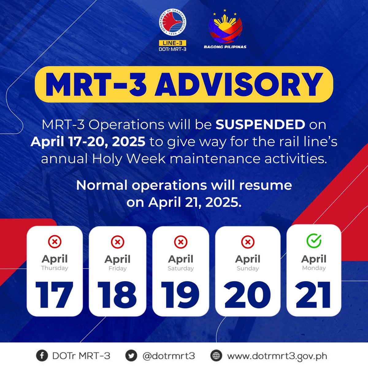 dotrmrt3's tweet photo. 𝐌𝐑𝐓-𝟑 𝐀𝐃𝐕𝐈𝐒𝐎𝐑𝐘

MRT-3 operations will be suspended from Maundy Thursday, April 17, until Easter Sunday, April 20, to give way for the rail line's annual Holy Week maintenance activities. https://t.co/kE4s1GKGKU