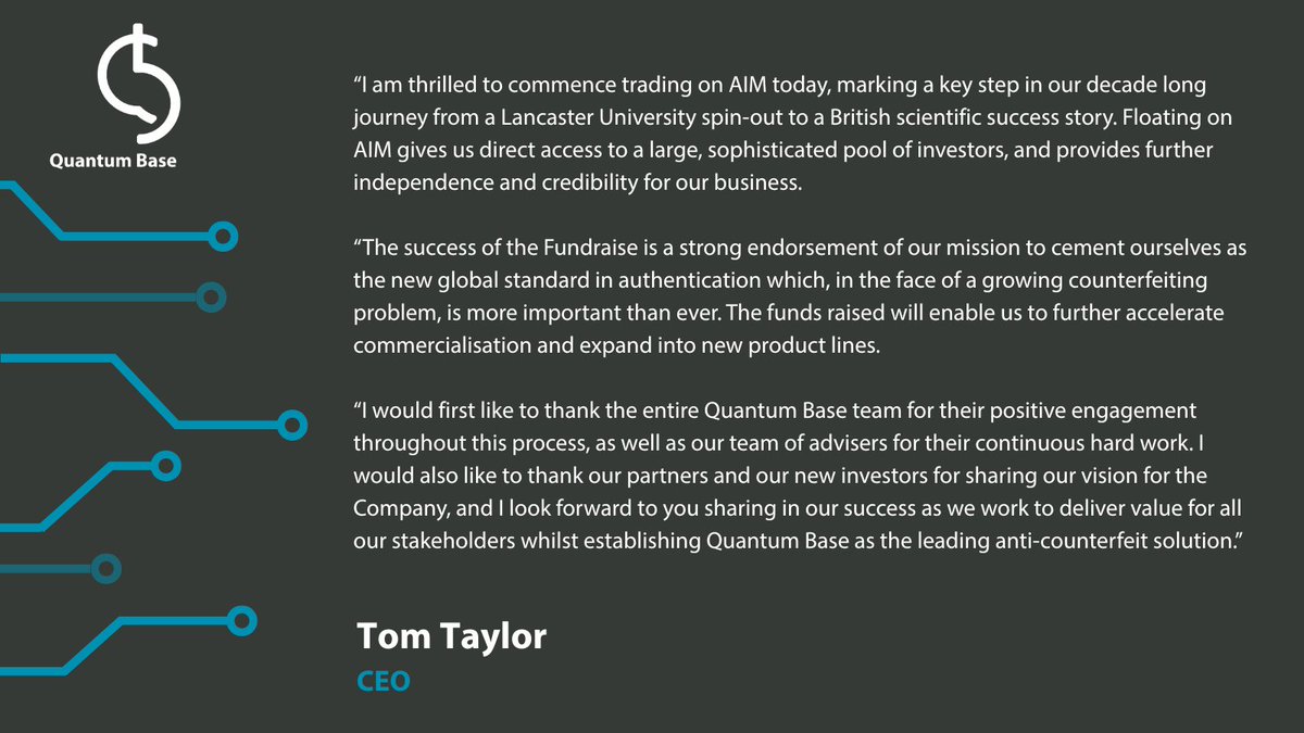 Quantum Base (@quantumbase) on Twitter photo #QUBE has announced its First Day of Dealings on #AIM <a href="/LSEplc/">London Stock Exchange</a>, following a £4.8 million fundraise via a placing and a significantly oversubscribed <a href="/RetailBook_/">RetailBook</a> offer. Funds will be used for product development and key commercial and operational hires➡️ londonstockexchange.com/news-article/Q… #QUBE has announced its First Day of Dealings on #AIM <a href="/LSEplc/">London Stock Exchange</a>, following a £4.8 million fundraise via a placing and a significantly oversubscribed <a href="/RetailBook_/">RetailBook</a> offer. Funds will be used for product development and key commercial and operational hires➡️ londonstockexchange.com/news-article/Q…