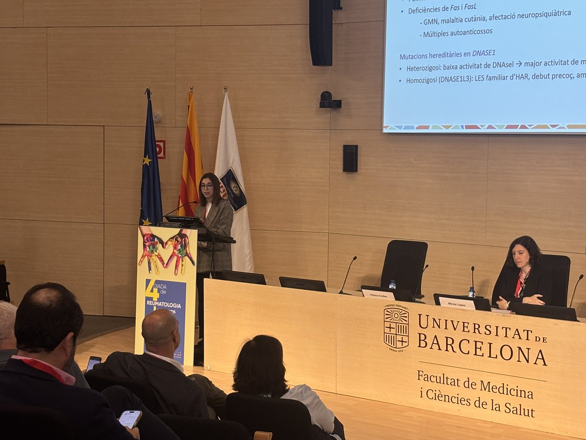 La Dra. <a href="/HCodesM/">Helena_CM</a> presenta una revisió del “Lupus Monogènic” a la taula del grup Pedia-Cat a la #DiadaReuma25 de la <a href="/SCReuma/">Societat Catalana de Reumatologia</a>.

Els trets diferencials són l’inici precoç, sexe masculí, herència mendeliana i poca resposta a tractaments convencionals!