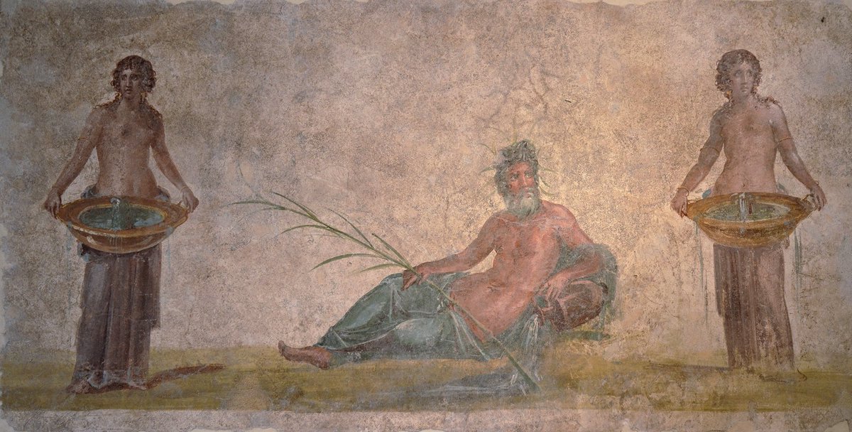 #FrescoFriday - Fresco in the Fourth Pompeian Style depicting the personification of the Sarnus river with two Nymphs. From a wall in the House of the Vestals at Pompeii, AD 50-79.