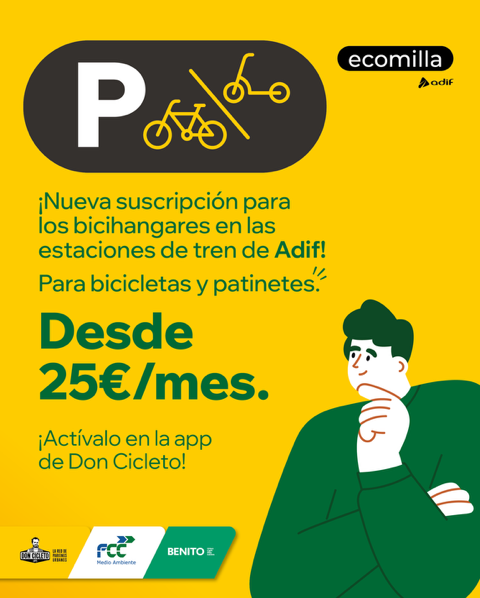 📣 Hoy tenemos algo que contarte.

¡Lanzamos una suscripción mensual desde solo 25 €/mes para nuestros bicihangares de las estaciones de tren de <a href="/Adif_es/">Adif</a>!

Activa tu suscripción desde la App de Don Cicleto 📱