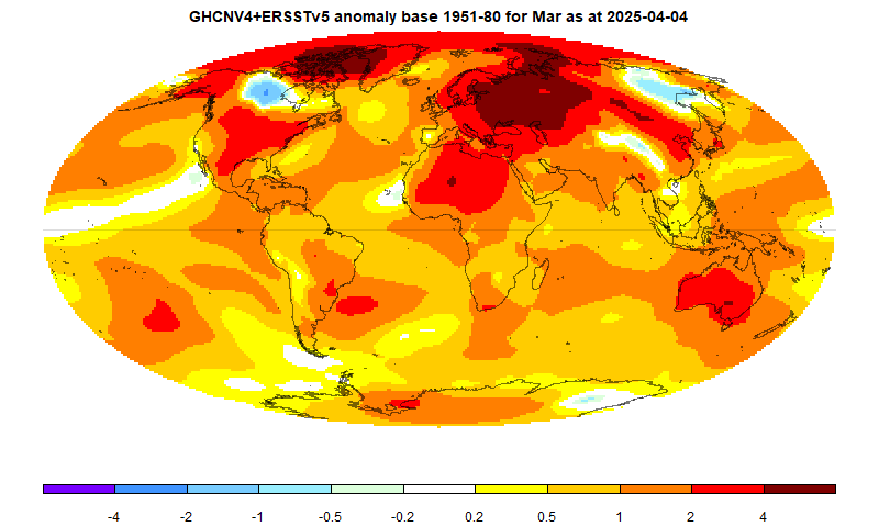 moyhu: March global surface TempLS up 0.04°C from February. 
Second warmest March in the record, after 2024.
moyhu.blogspot.com/2025/04/march-… via <a href="/nstokesvic/">Nick Stokes</a>