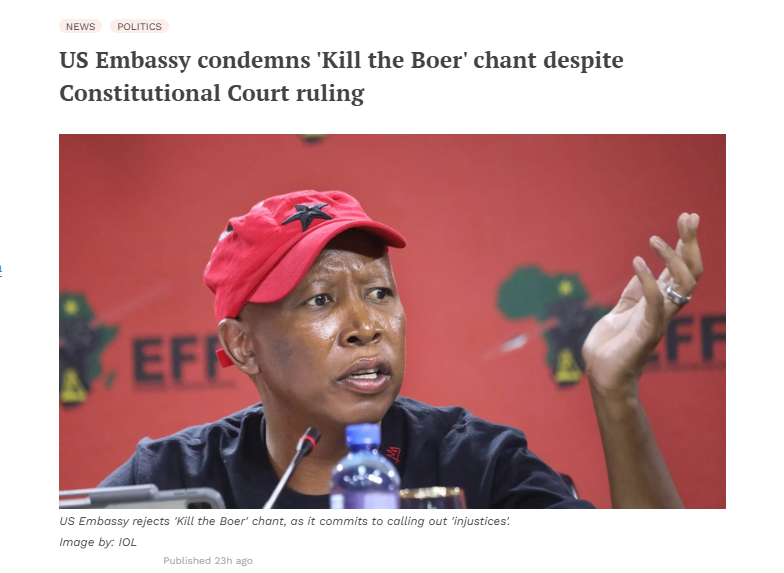The US Embassy in South Africa has stated that it will continue to condemn the singing of "Kill the Boer", despite a ruling by the Constitutional Court declaring it lawful.

The US Embassy further stated: "Let’s be clear: 'Kill the Boer' is a chant that incites violence against