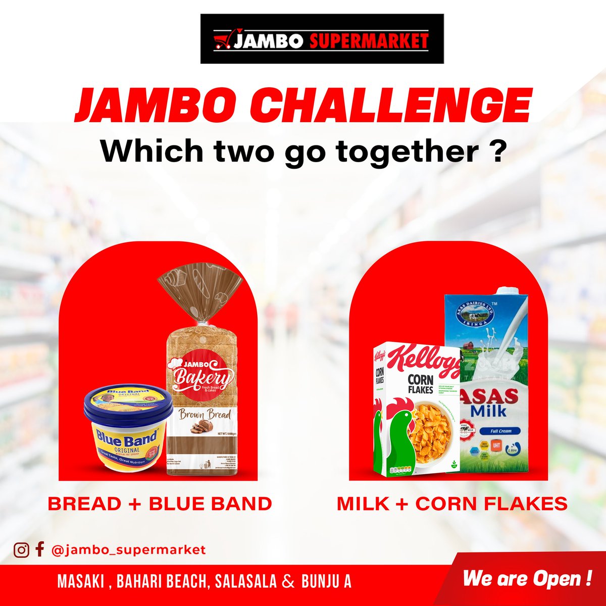 OfficialJamboTz's tweet photo. 🛒 JAMBO CHALLENGE! 🍞🥛 Which combo is your favorite?

👉 Bread + Blue Band OR Milk + Corn Flakes? 🤔
Drop your answer in the comments! ⬇️ Let’s see which duo wins! 🎉 

#JamboSupermarket #FridayChallenge #FoodCombos #bread #bakery #milk #cornflakes https://t.co/tR5jvy9anD