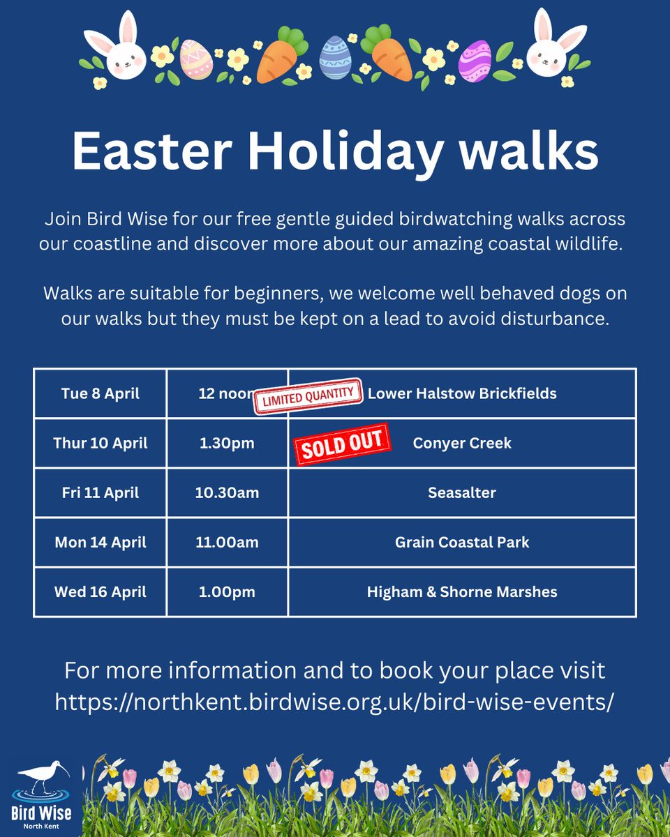 Update - Conyer sold out and Lower Halstow walk nearly full 🌷🐰🐣🌷

Book your free space on our other #EasterHoliday walks on our Eventbrite page here eventbrite.co.uk/o/bird-wise-no…
#birdwise #birding #guidedwalk #Kent #Easter #BirdWatching