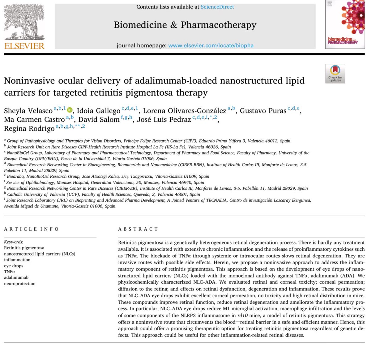 NoInvisibles's tweet photo. Una investigación del @CIBER_ISCIII @CIPFciencia y @upvehu ha desarrollado unas gotas oculares como posible tratamiento para la #RetinosisPigmentaria, una #EnfermedadRara hereditaria que degenera y destruye los bastones de la retina.
Publicada en Biomedicine & Pharmacotherapy @sciencedirect, ha sido probada con éxito en modelos preclínicos.
Es una vía no invasiva de administración y un nuevo enfoque, al ser independiente de los defectos genéticos, y potencialmente útil para otras enfermedades oculares inflamatorias”.
https://t.co/1VKqUsCyPU