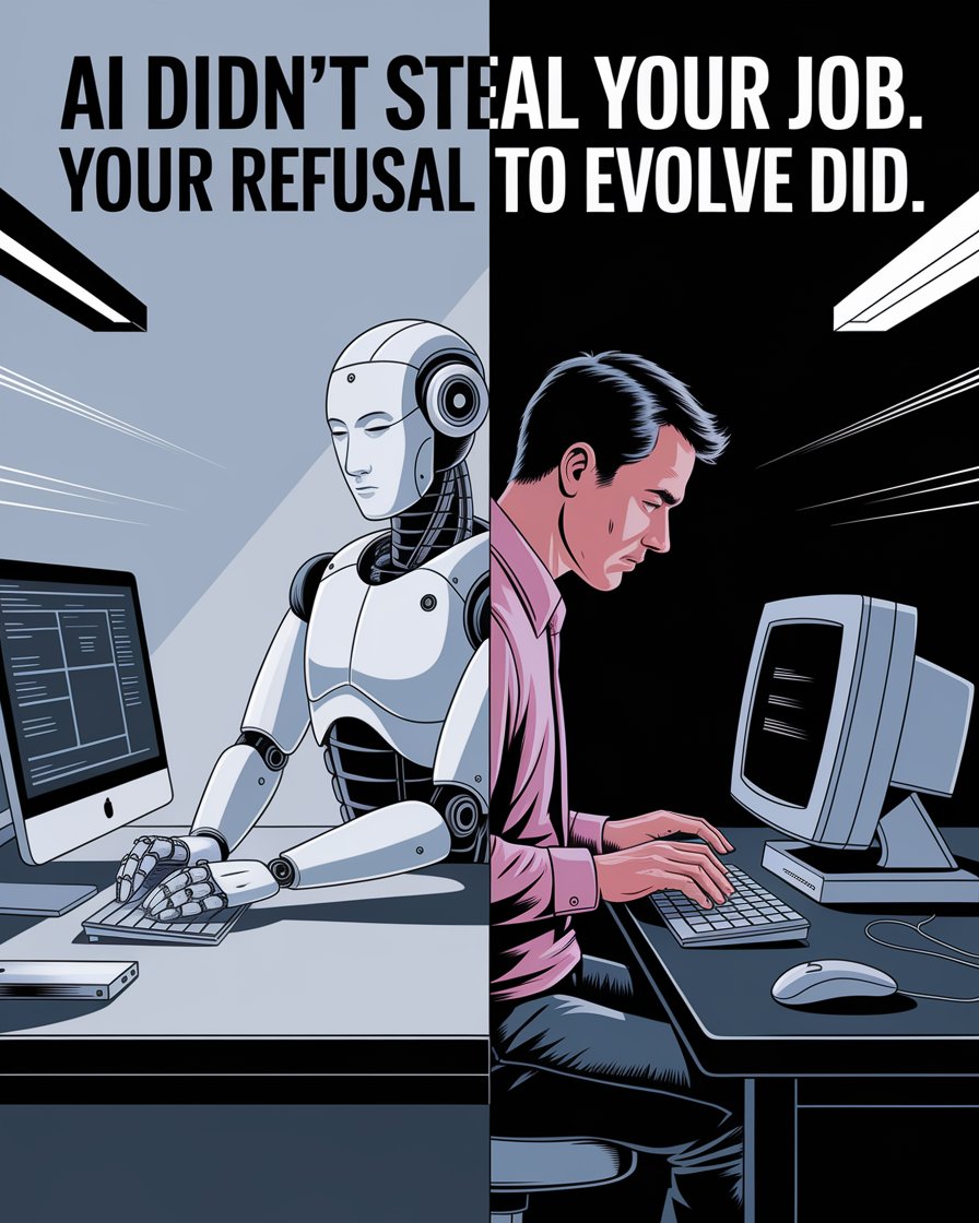 kyle_kudrna's tweet photo. “AI didn’t steal your job. Your refusal to evolve did.” #AIvsHuman #WakeUpCall #AdaptOrDie #FutureOfWork #DigitalRevolution #JoblessByChoice #HustleCulture #TruthHurts #TechTakeover #ModernSlavery #WorkRevolution #RedPillReality #ThinkDifferent #MindsetShift #EvolveOrBeReplaced https://t.co/VvUfokaPb5